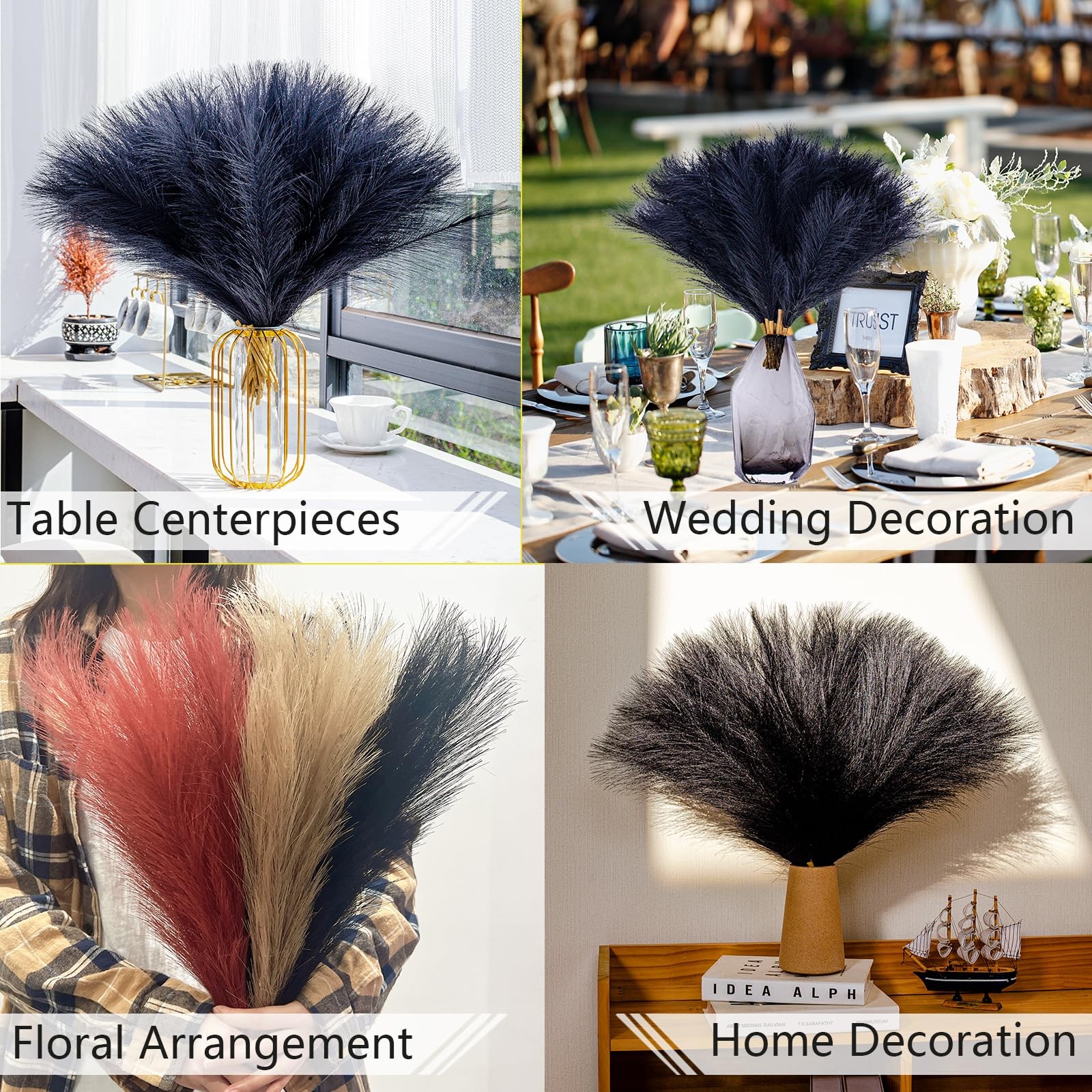 10 Stems Black Pampas Grass Decor – 17.7″ Faux Pampas Grass Artificial Pampas…