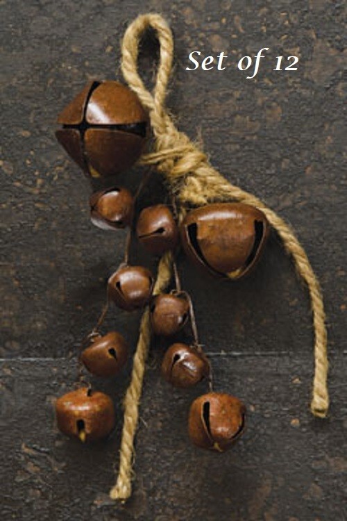 NEW PRIMITIVE RUSTY JINGLE BELL CLUSTERS ON JUTE 12pc 5″Hx2.5″W Christmas Rustic