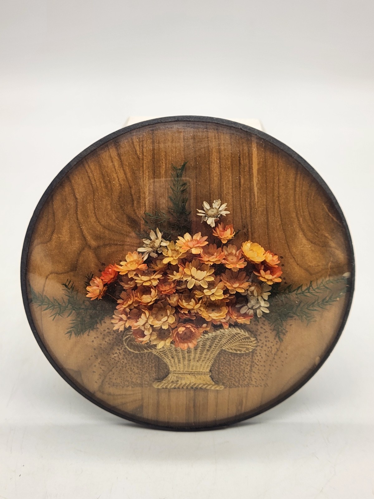 Vintage Dried Flower Basket Convex Bubble Glass Picture Frame Wall Art 4.5″