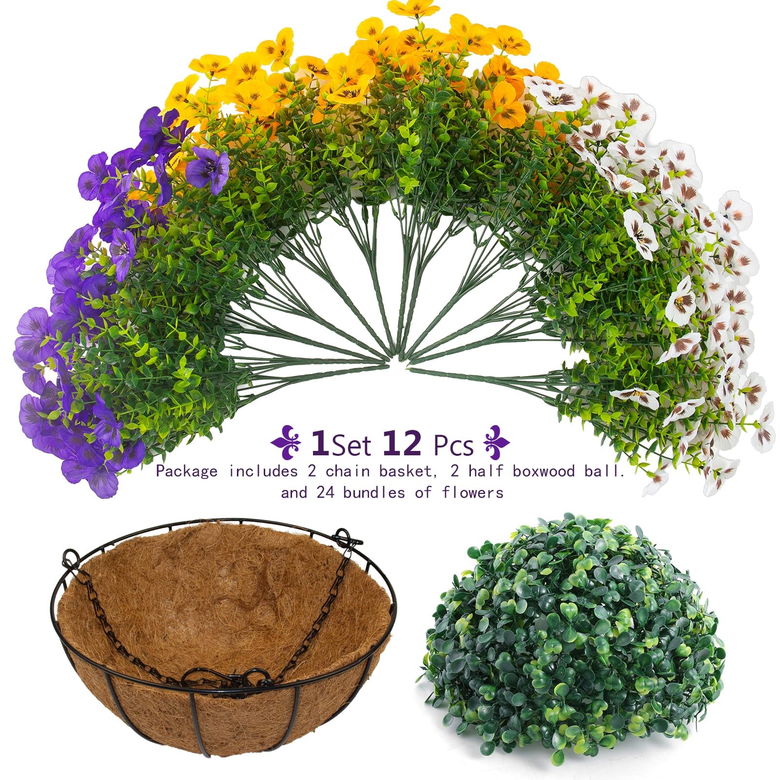 lovemoon 2 Sets Artificial Hanging Pansy Flowers with Baskets, 24 Pcs UV Resi…