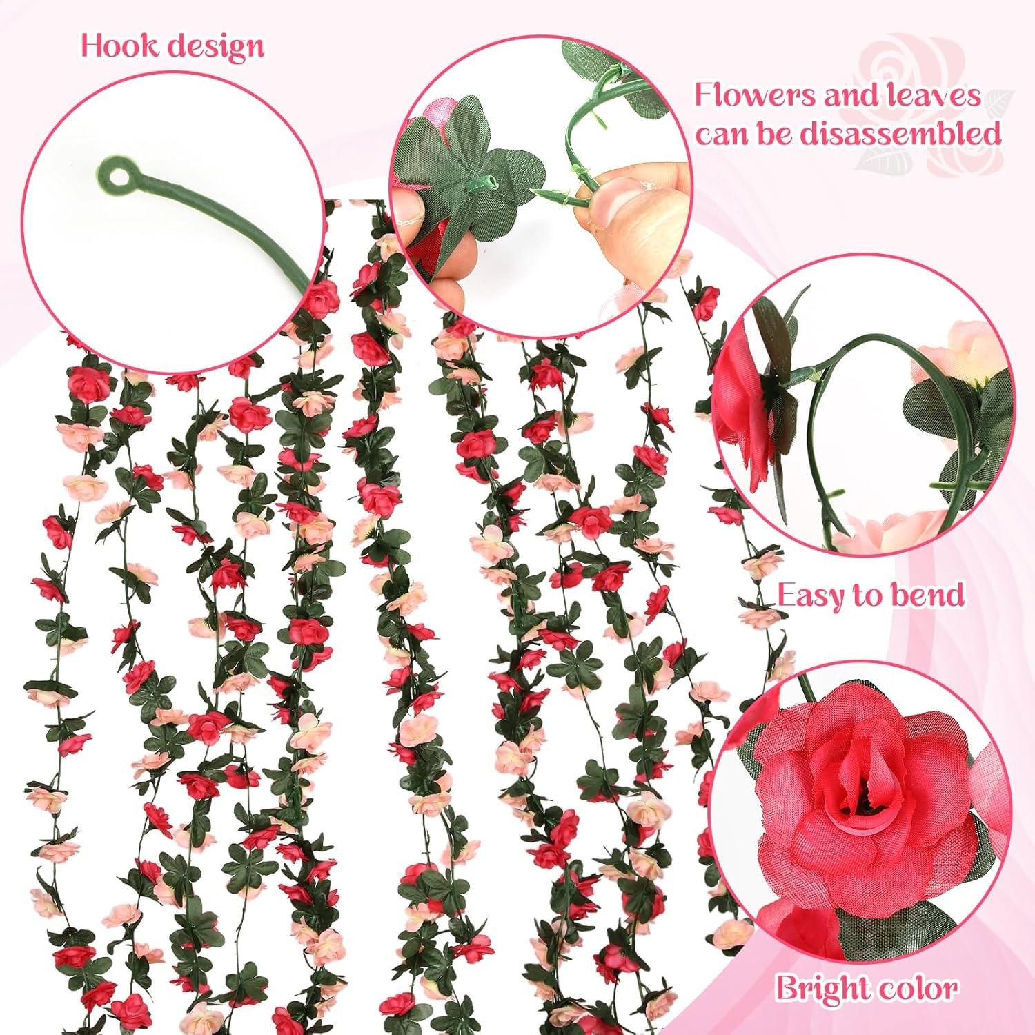 9Pcs 73.8FT Flower Rose Garland Vines Hanging Flowers Wedding Garden Wall Decor