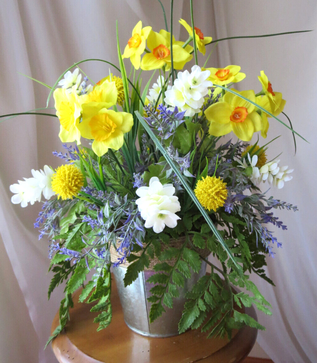 SPRING ARRANGEMENT ARTIFICIAL SILK/PLASTIC FLOWERS IN IRON CONTAINER 16″x12″ NEW