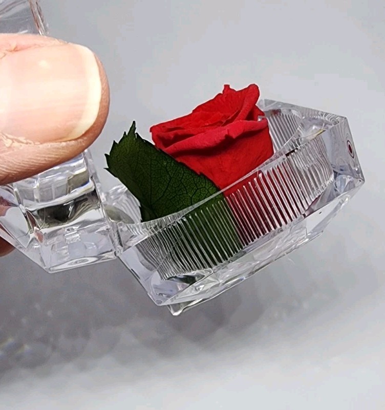 preserved Real red rose W Leaf In clear diamond shaped acrylic Ring box