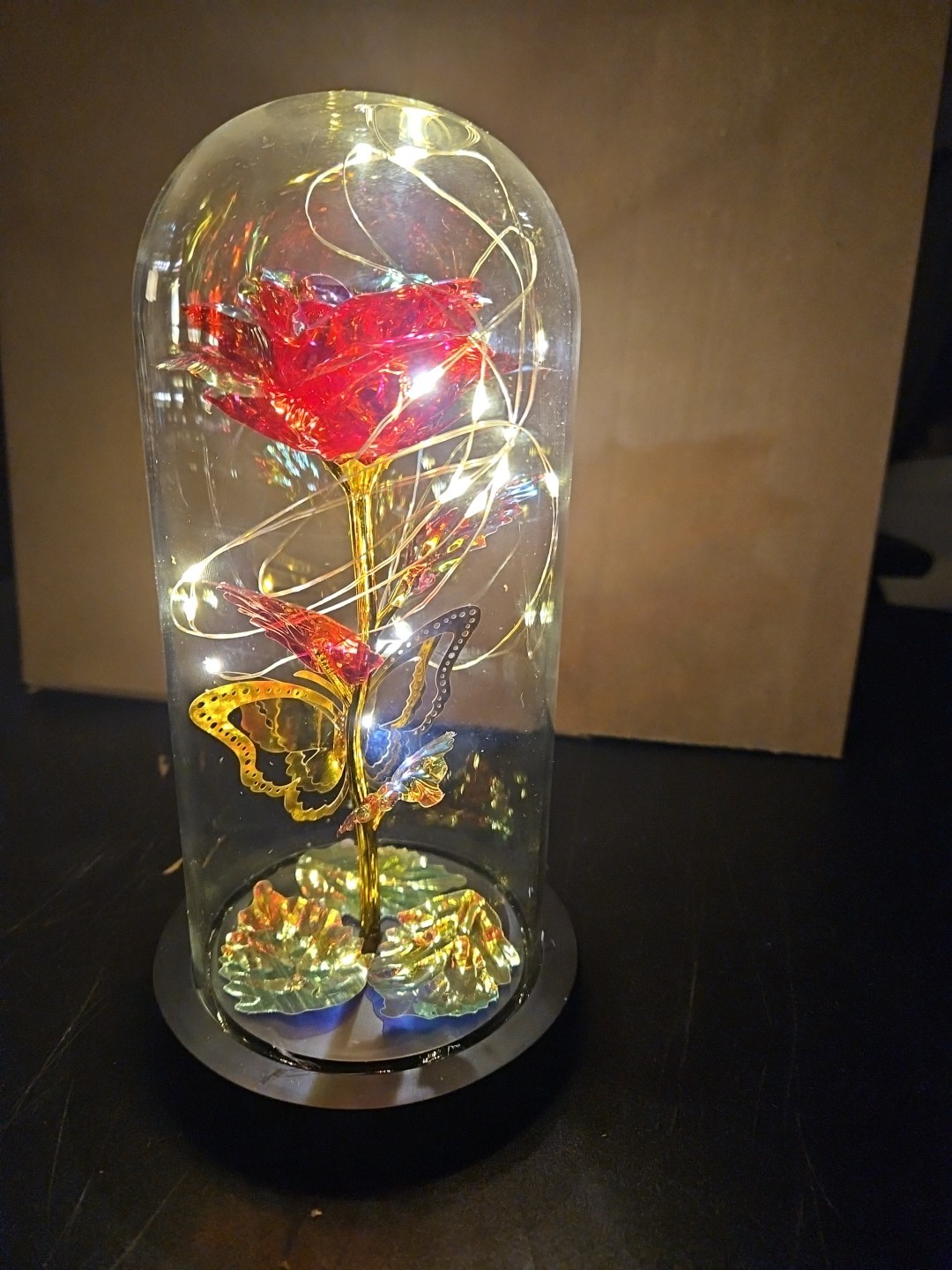 LED Red Rose, Butterfly Glass Dome. Tested Batteries