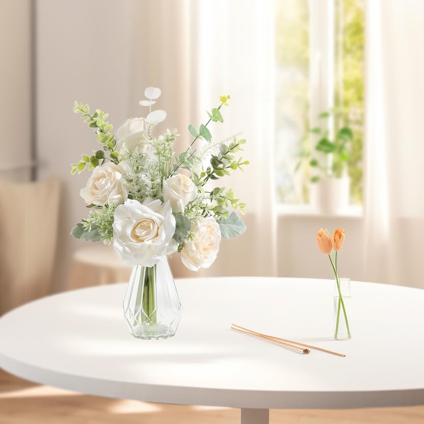 White Silk Roses Eucalyptus In Vase Artificial Flower Arrangement Home Decor