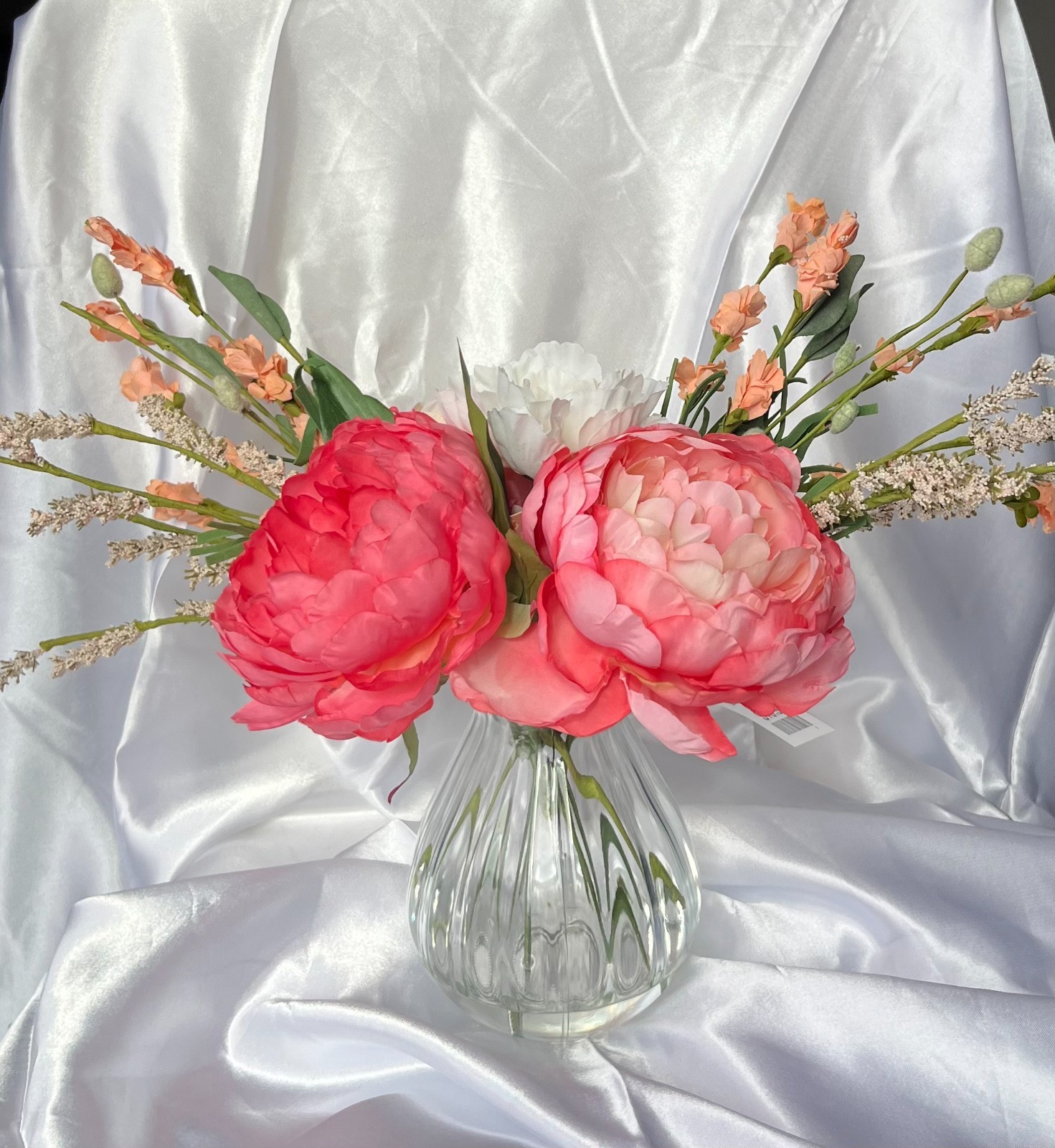 Coral and Peach Peony Silk Flower Arrangement with Vase and Clear Acrylic Water