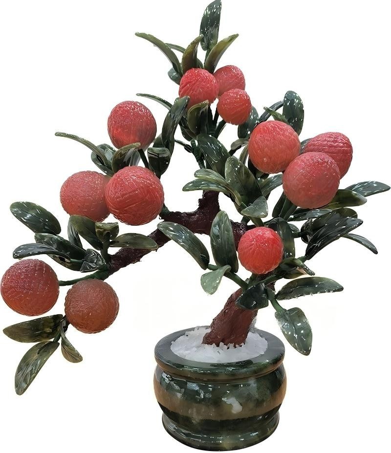 Natural Jade Stone Litchi Bonsai Tree Fruit Plant Feng Shui Home Office Decor