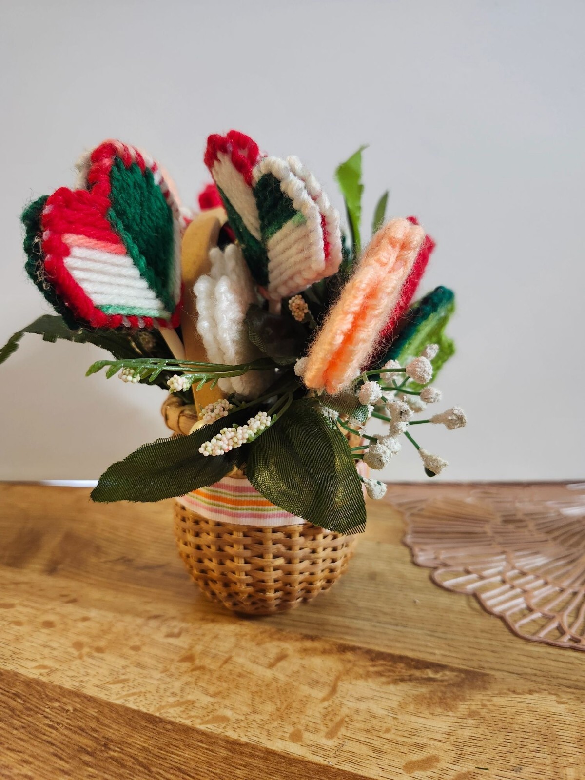 Basket of Heart Flowers Crochet Vintage Handmade