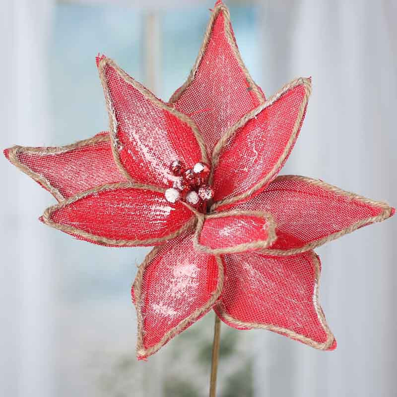 10″ Diam. Burlap and Jute Artificial Poinsettia 19″ Tall Floral Stem