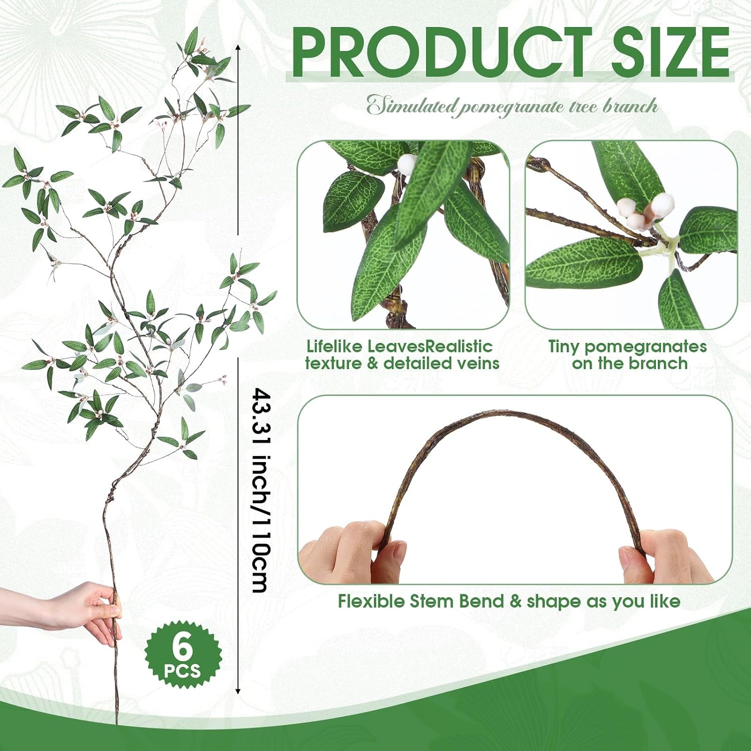 6 Pcs 43.3 Inch Artificial Pomegranate Branches Faux Greenery Stems Leaves Fake