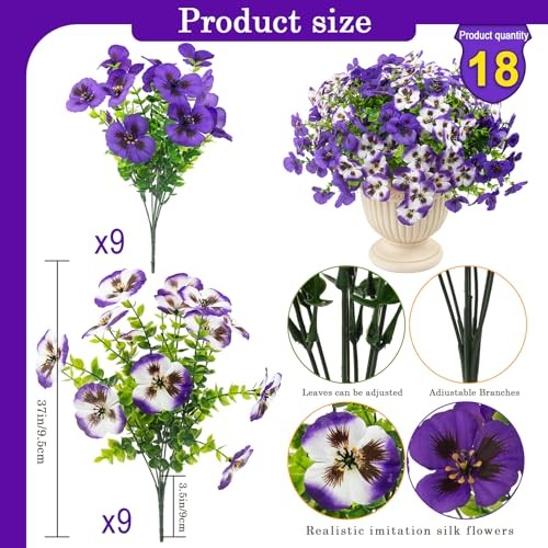 18 Pcs Artificial Pansy Flowers Faux Silk UV Resistant Outdoor Garden Decor