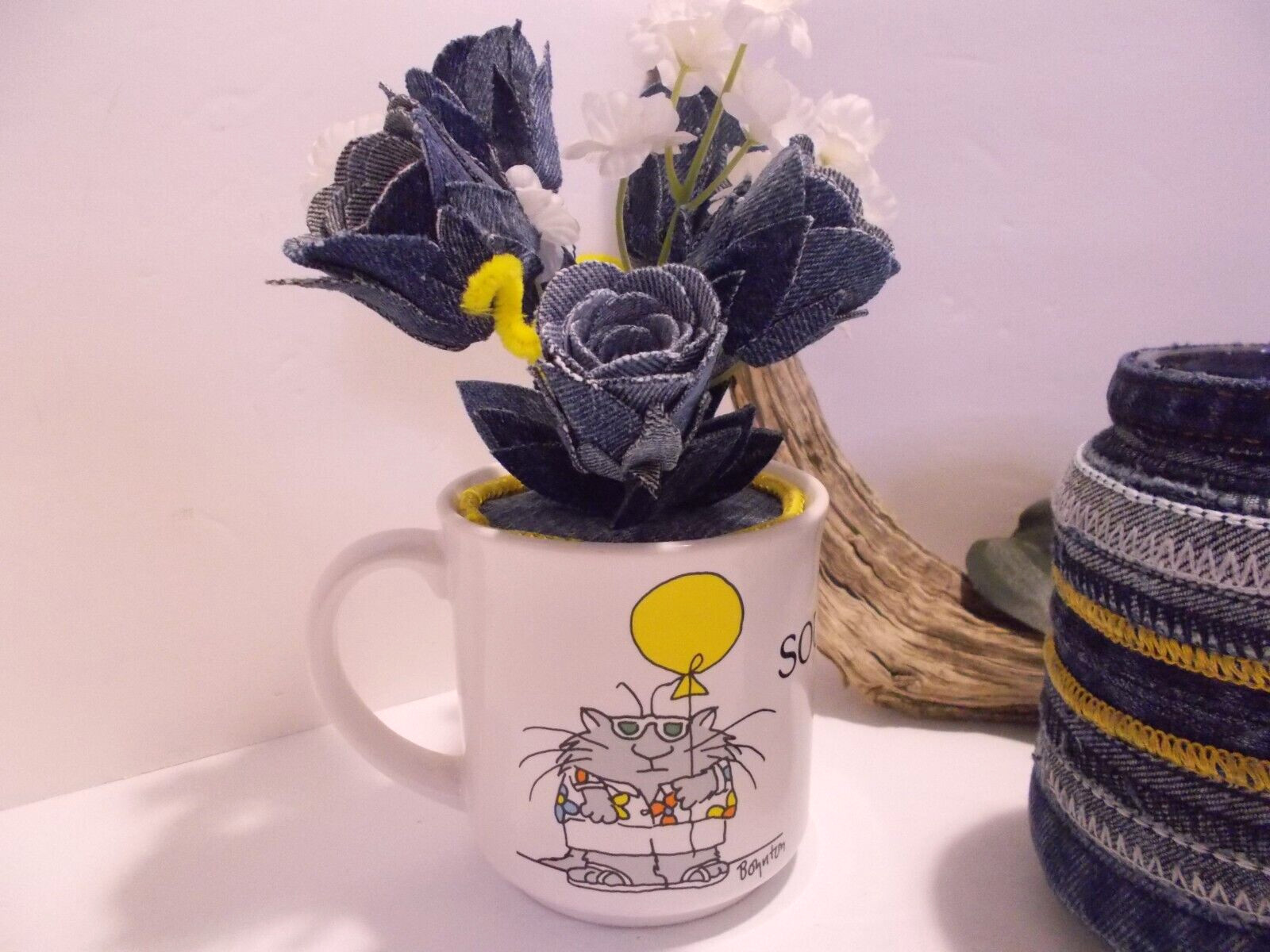 Southpaw Comics Coffee Mug w Handmade Denim Roses and Denim Seams Jar Vase