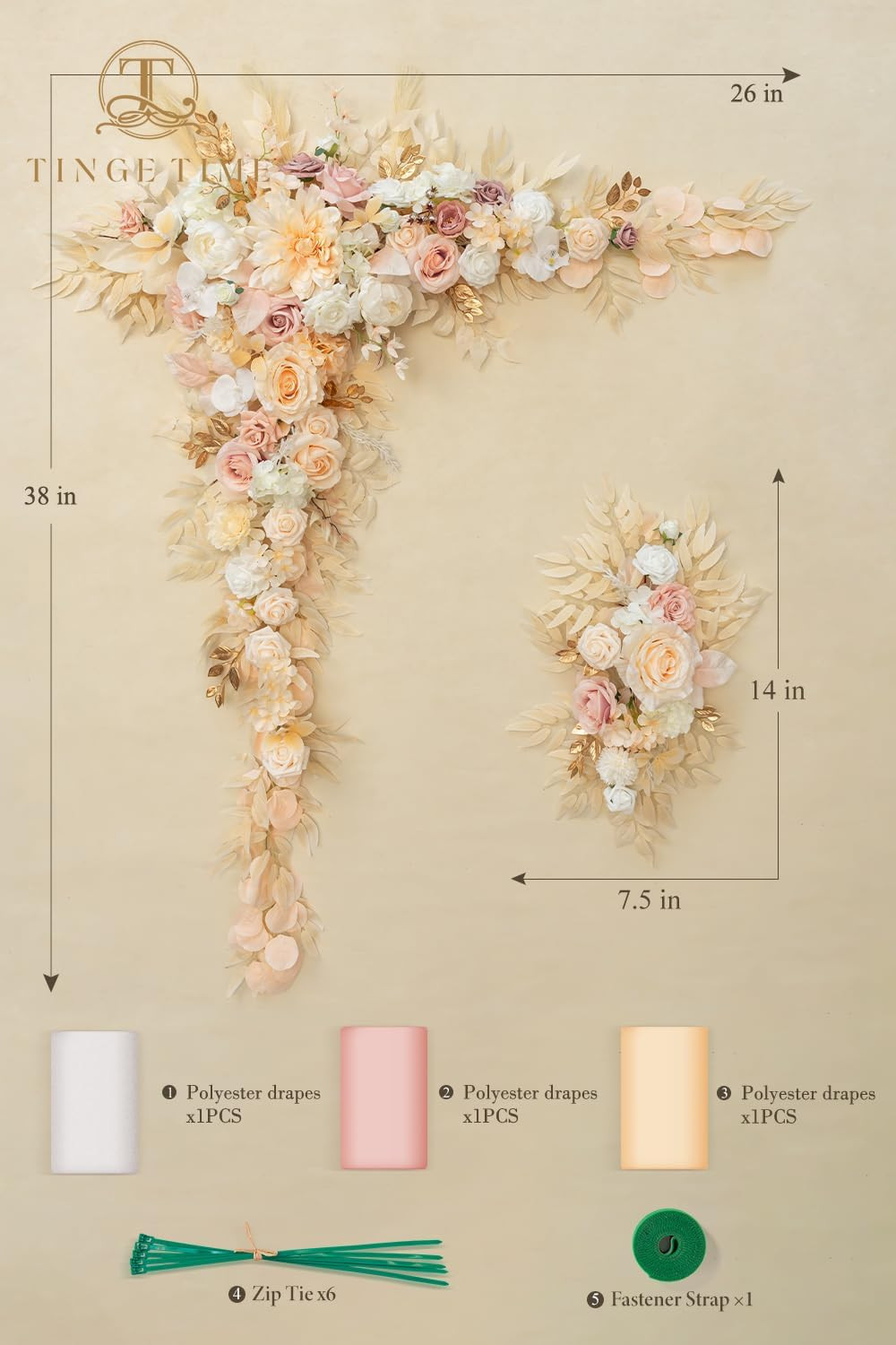Wedding Arch Flowers Kit – Deluxe 5Pcs Artificial Floral Swag with 3 Sheer Drape