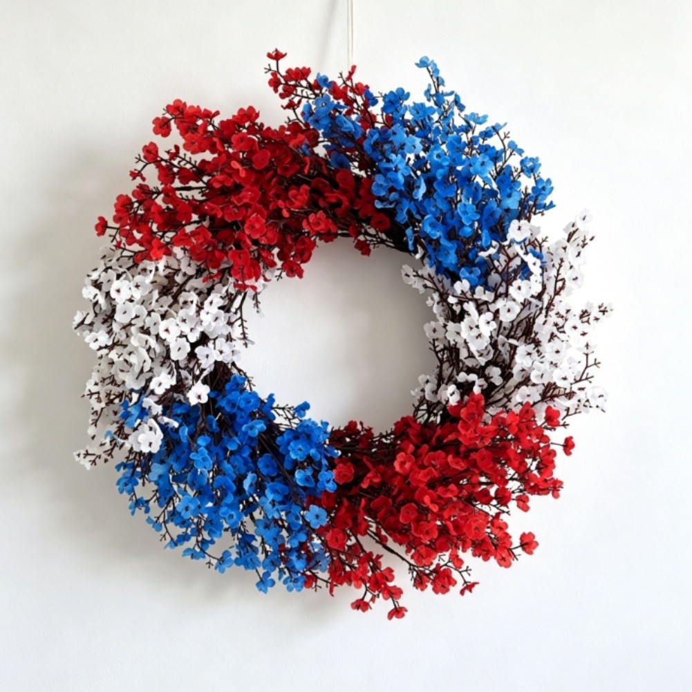 July 4th Silk Wreath Featuring Gypsophila for Wall or Door Hanging Use
