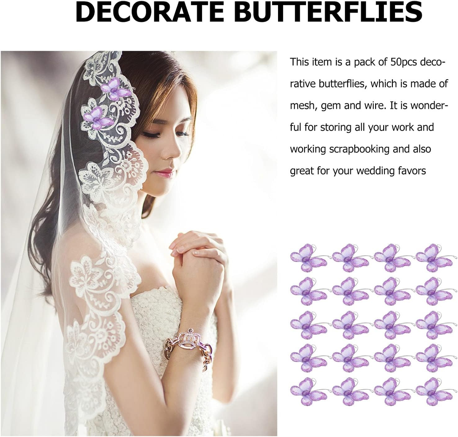 50Pcs Butterflies, DIY Craft Sheer Mesh Wire Glitter Butterfly with Gem for Wedd