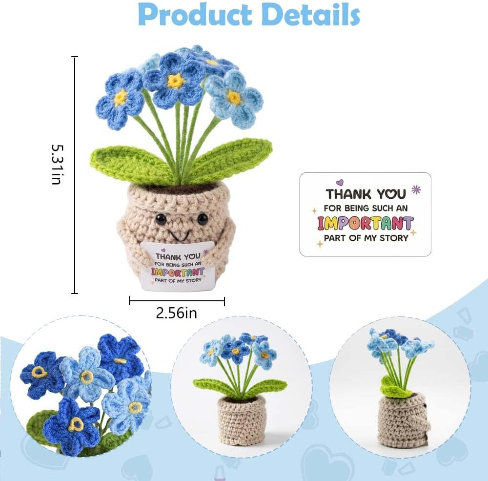 Crochet Positive Flowers Potted Plants, Fake Forget Me Not Flowers Doll for Frie