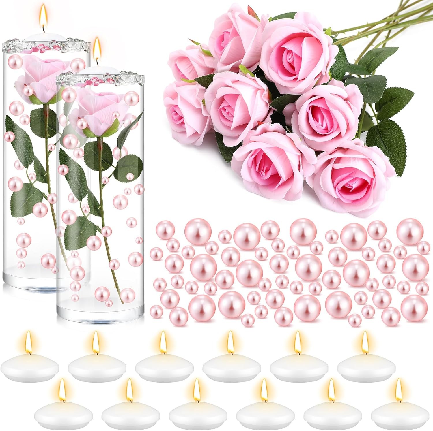 Vase Filler Set: 12 artificial roses, 12 floating candles for centerpiece