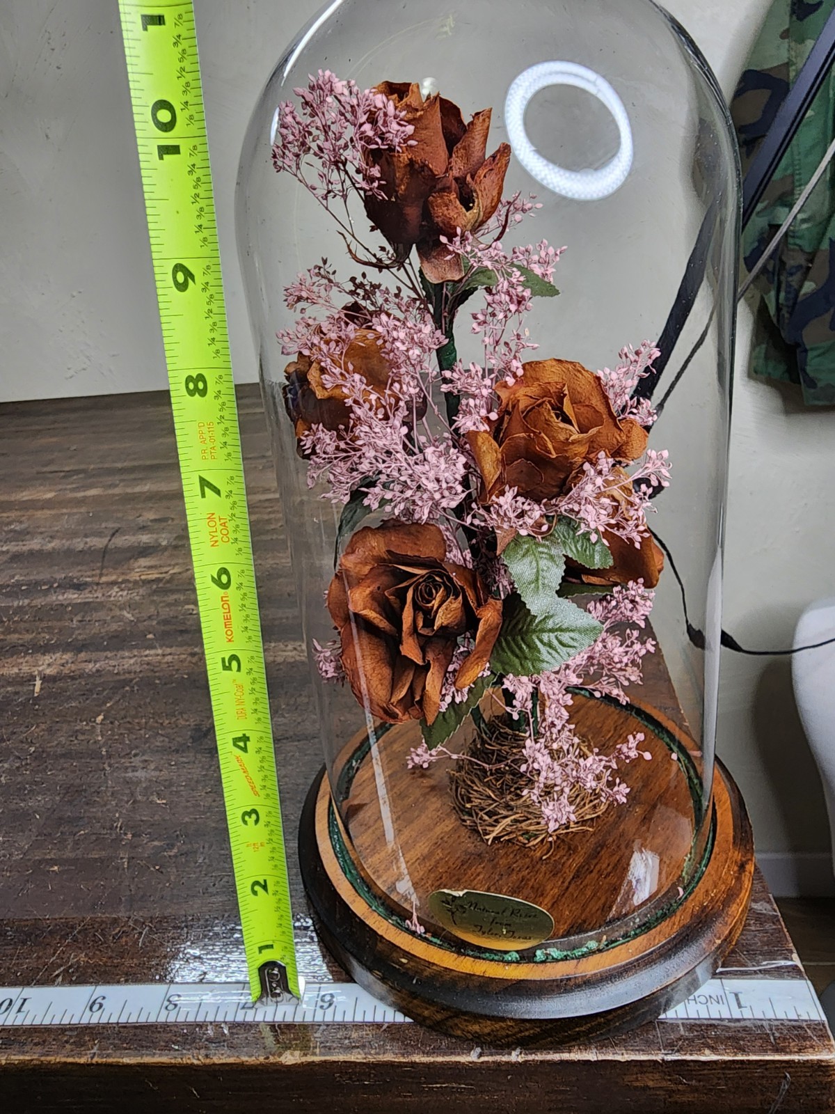 Vintage NATURAL ROSES TYLER TX Dried Flower Glass Dome Cloche Arrangement