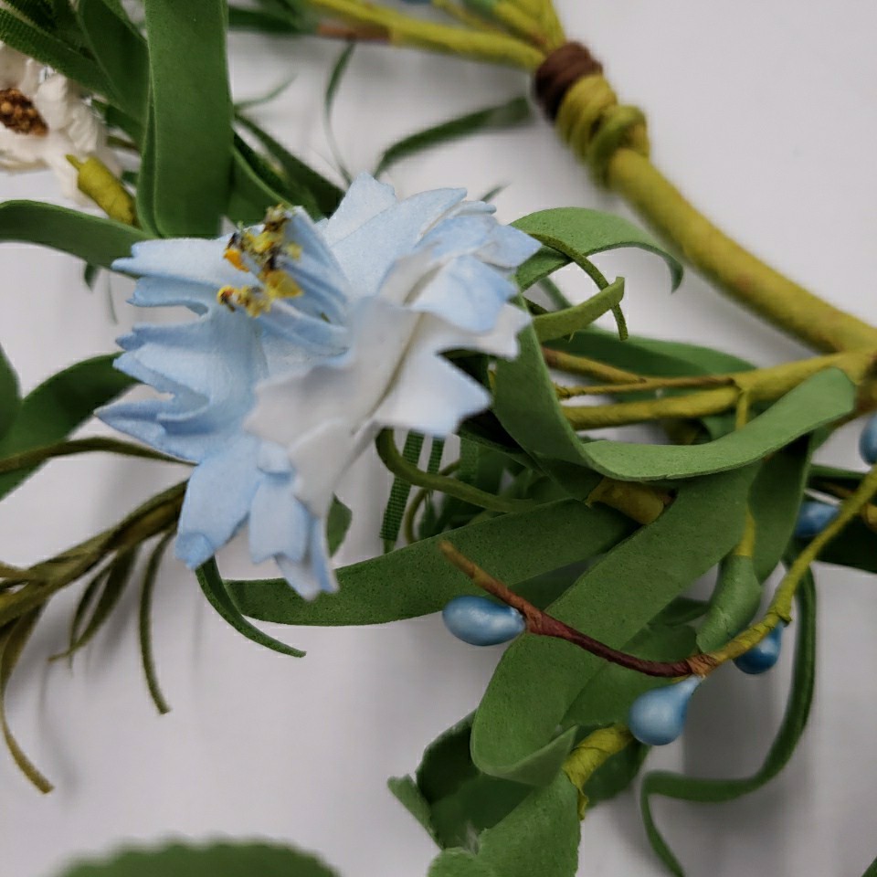 Primitive Floral Candle Ring Wreath Blue Flower Pips Cottage Spring Summer 6″ id