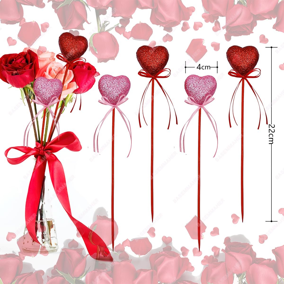 12Pcs Valentine’s Day Glitter Red Pink Puffy Heart Picks Foam Heart Picks Spa…
