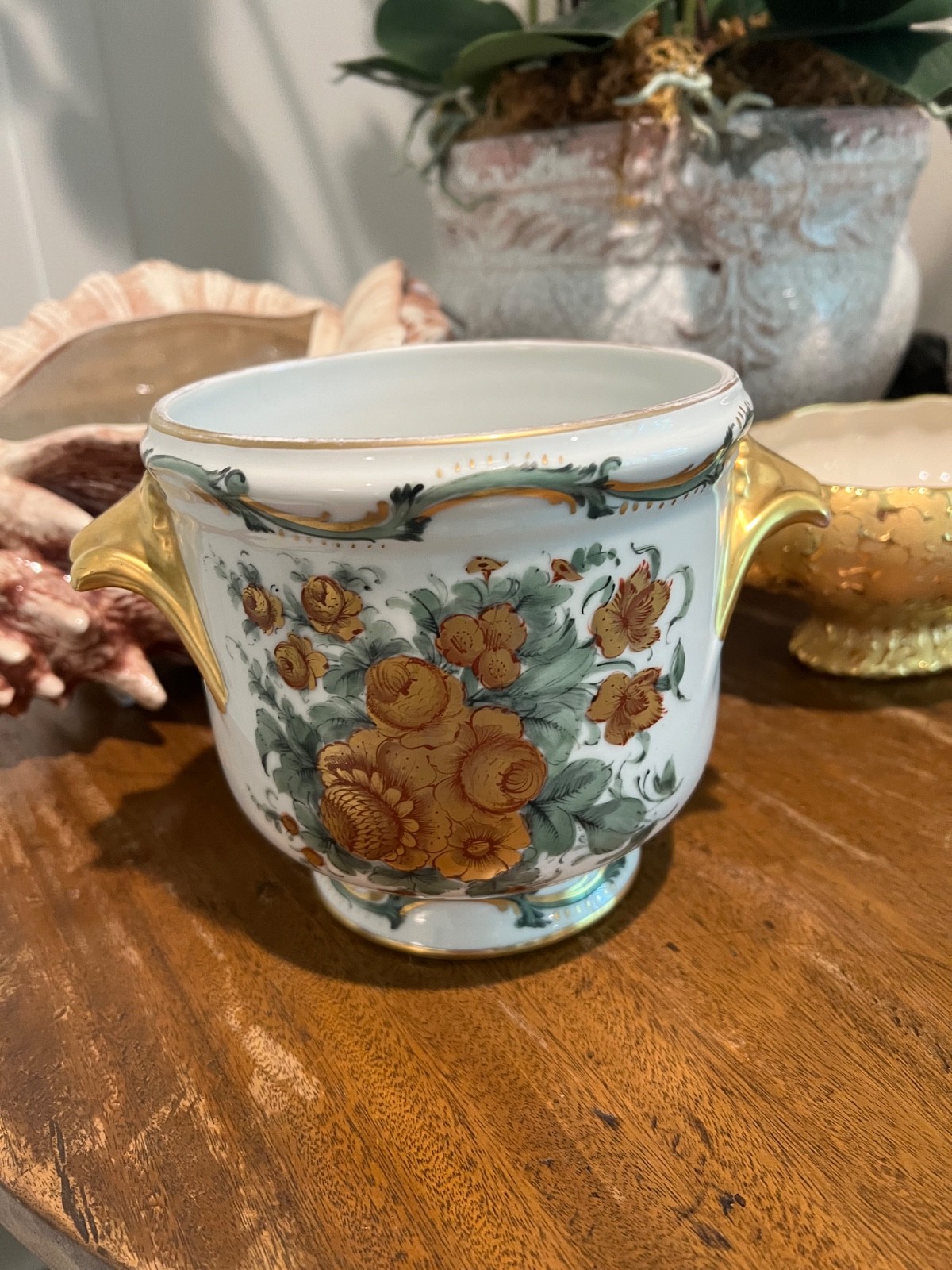 Floral Arrangement- Silk With Vase Antique Limoges Hand Painted w Roses & Ivy