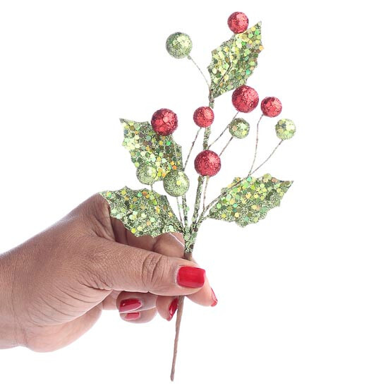 Bulk Pack of 8 Sparkling Artificial Holly and Berry 9″ Picks