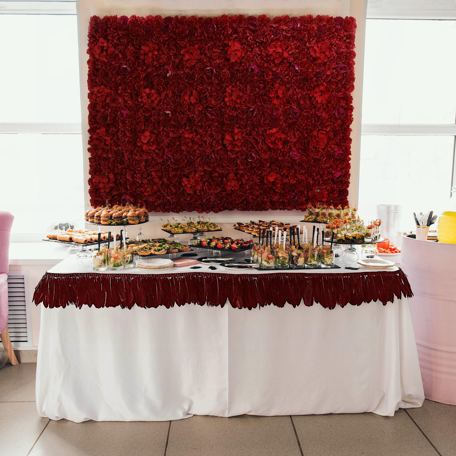 Artificial Silk Rose Flower Wall Panels 12 Pcs Maroon 16.5×16.5 Inch Backdrop