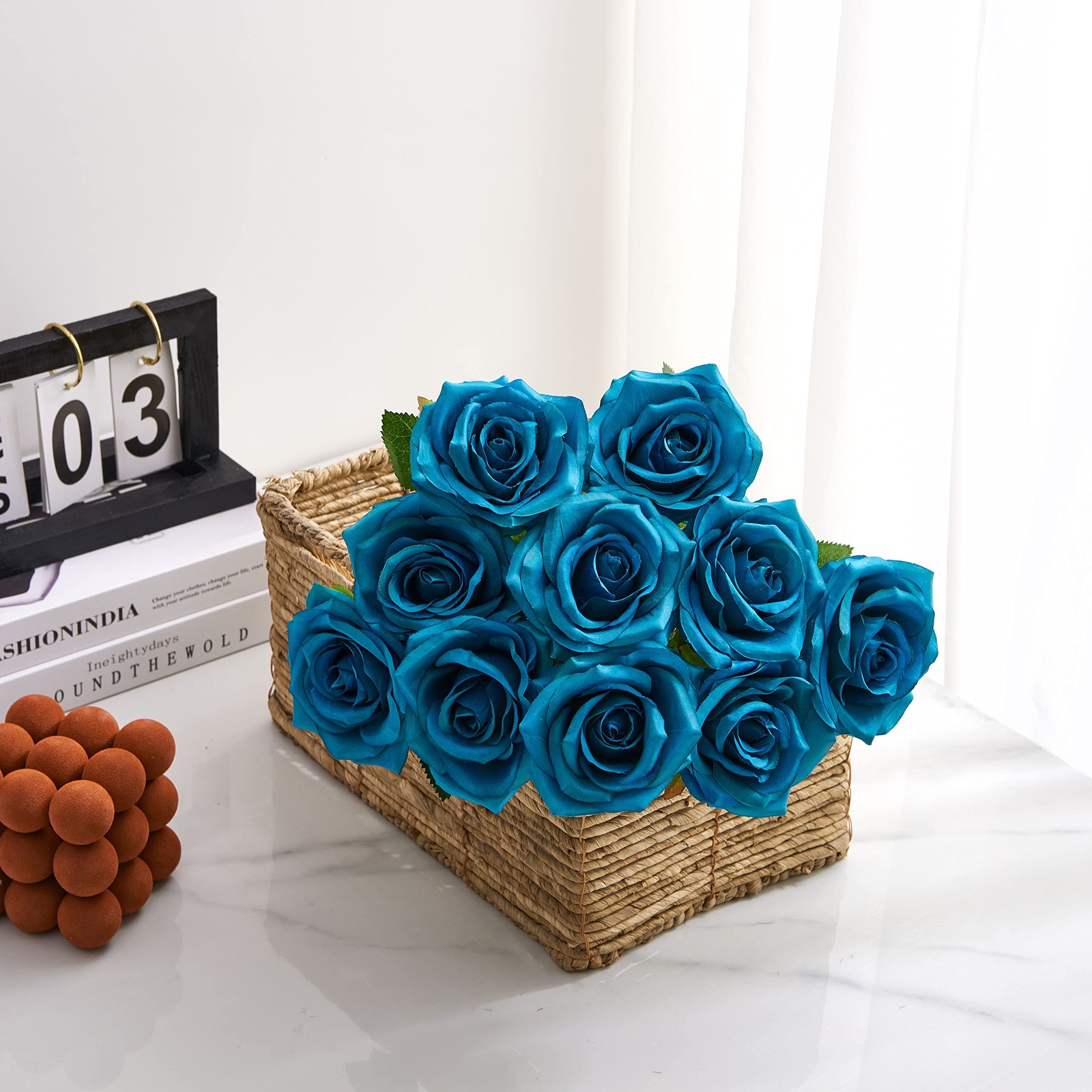 Teal Artificial Rose 10pcs Open Flower Bouquet Faux Rose Stems Turquoise Blue