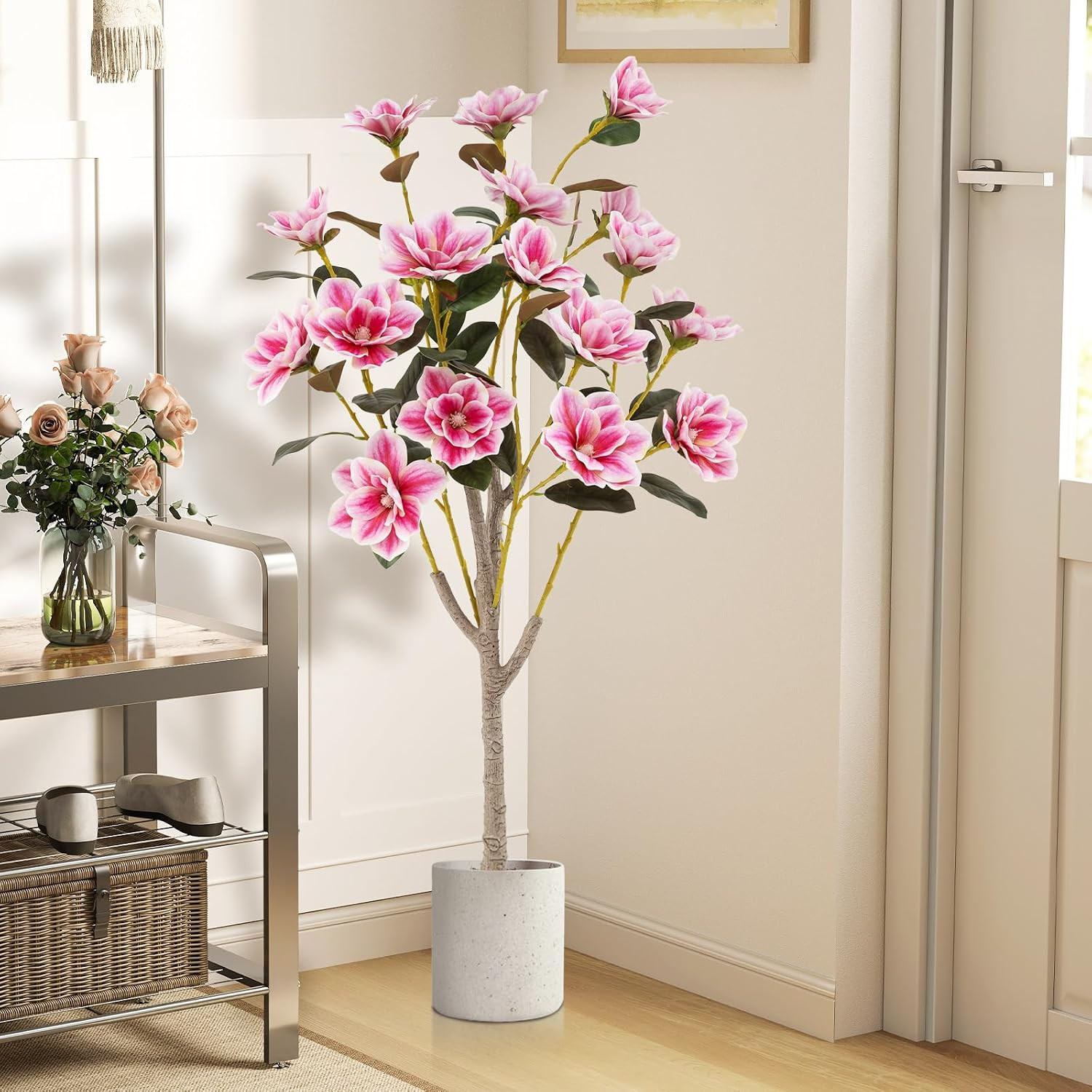 51” Artificial Magnolia Tree, Faux Flower Plant with PEVA Leaves, Multi-Branch T