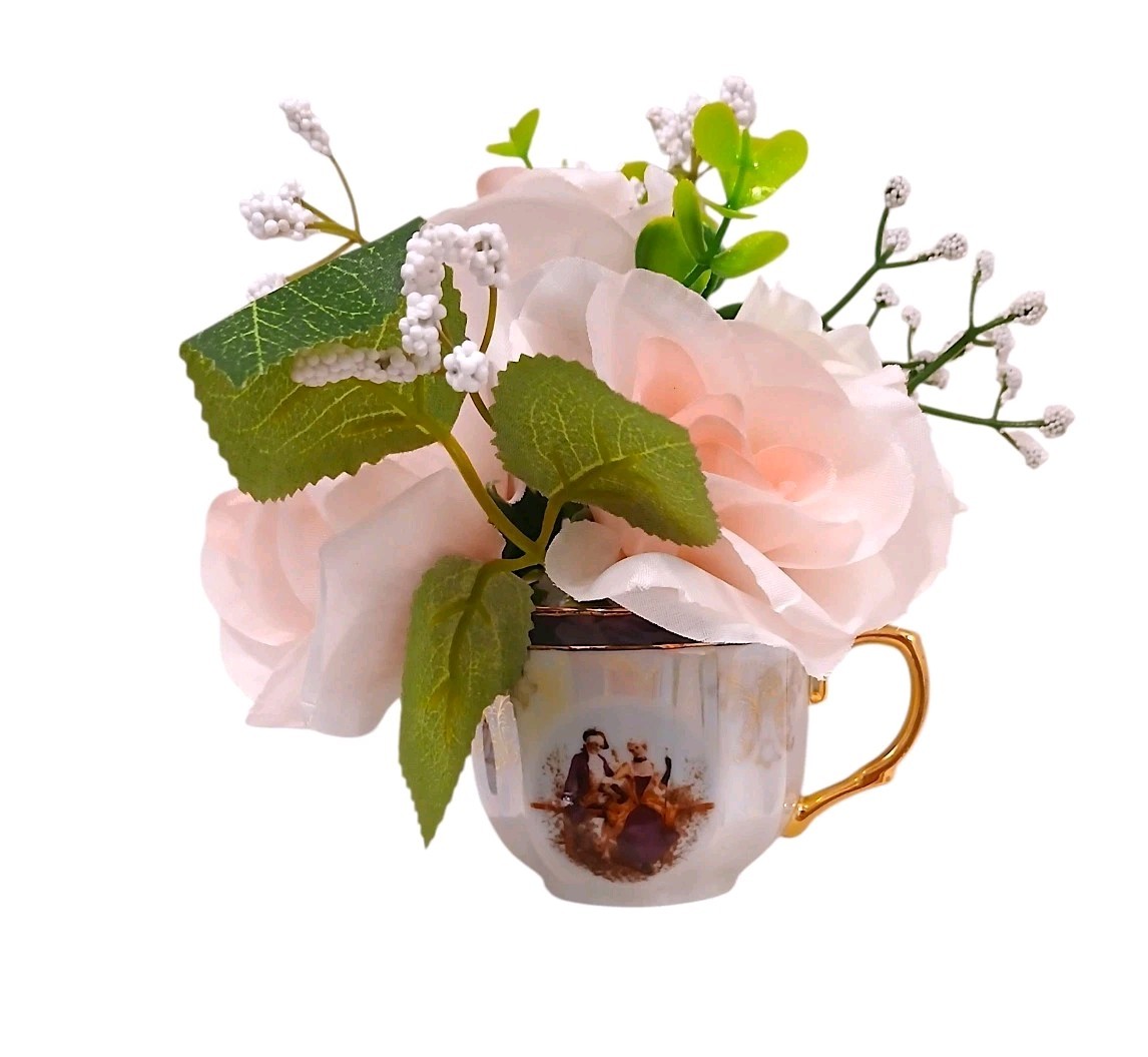 Silk Floral Arrangement Dainty Pink Roses Leaf Tea Party Cup POP-IN Love Romance
