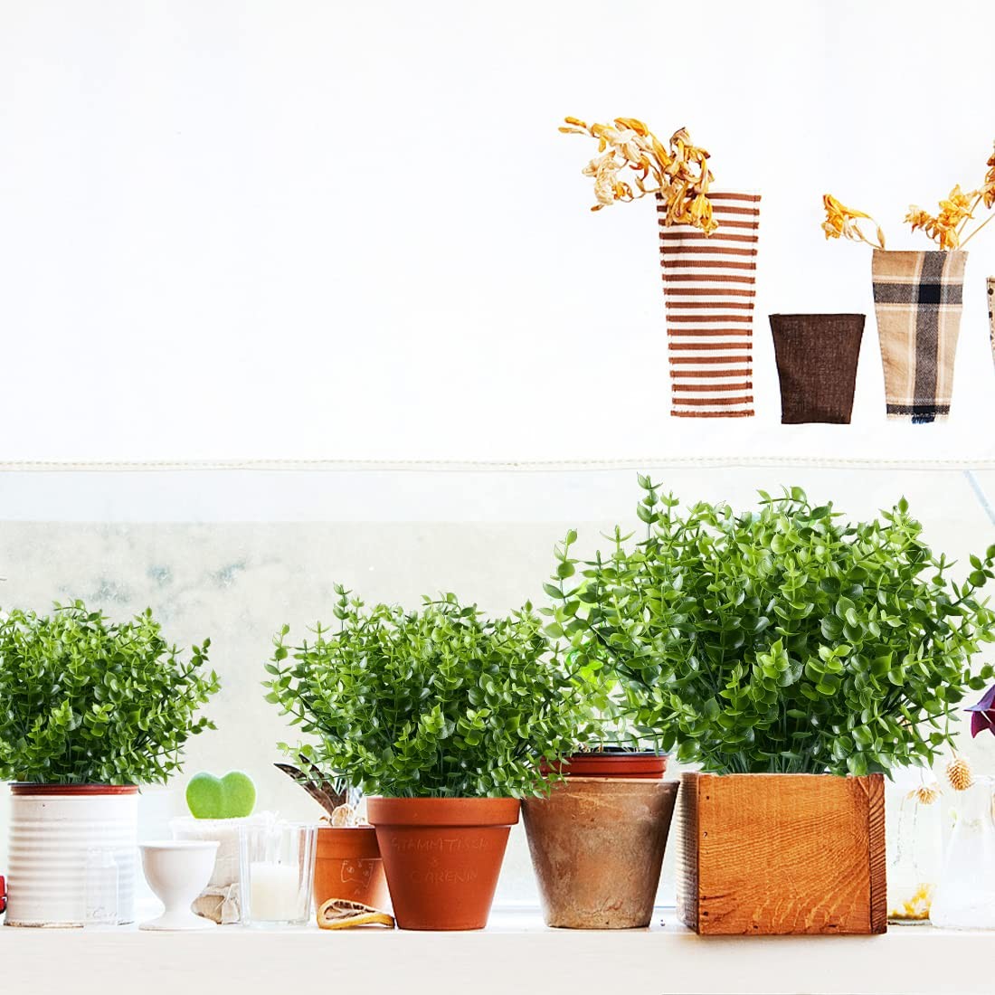 8 Bundles Artificial Eucalyptus Plant Fake Boxwood Shrubs UV Resistant No Fad…