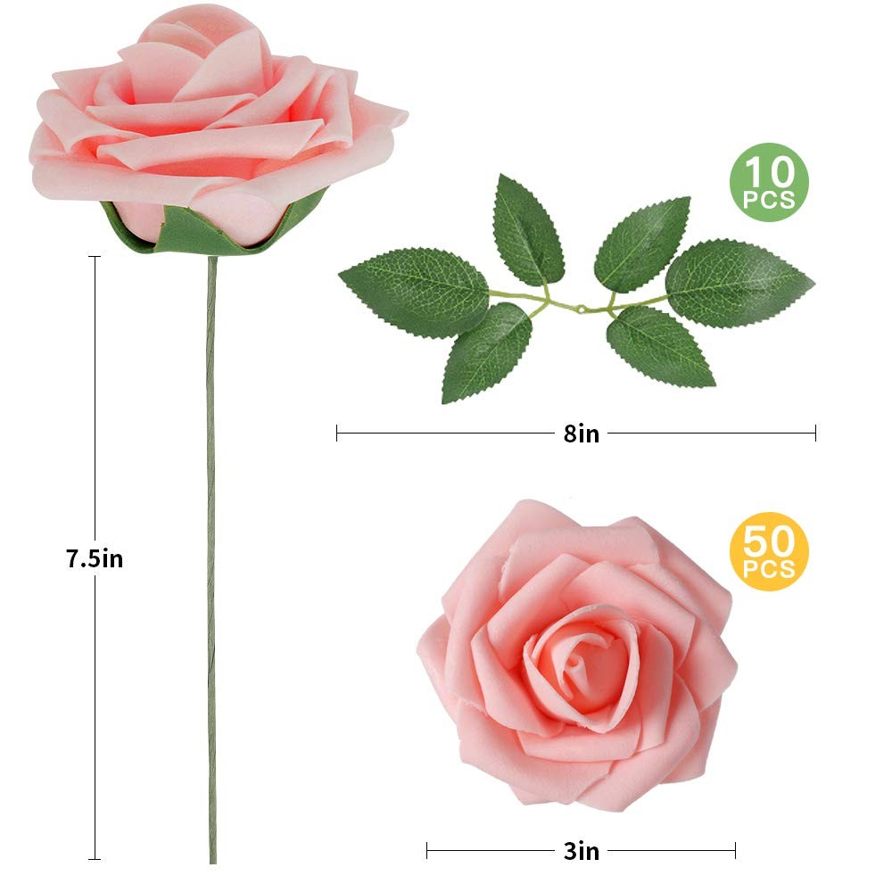 Artificial Flower 50pcs Real Looking Fake Roses w/Stem for DIY Wedding Bouque…