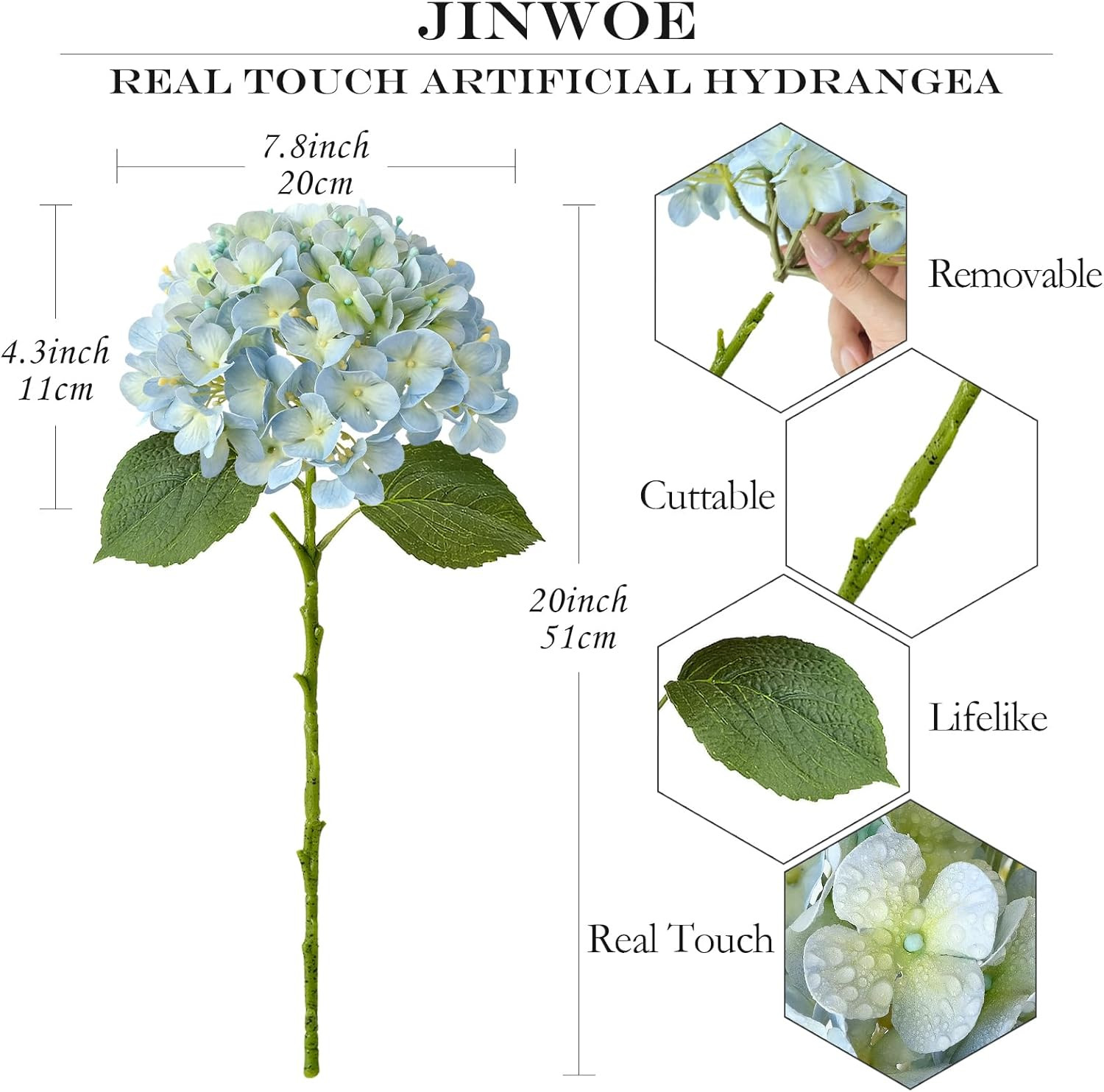 Lifelike Light Blue Hydrangea Silk Flowers – 4Pcs 20″ for Home & Weddings
