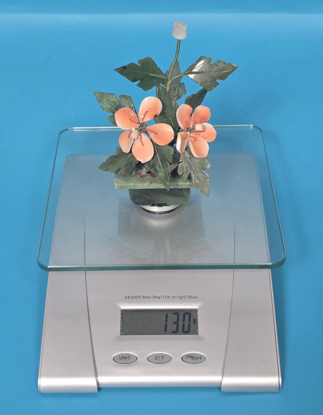 Vintage Jade & Shell Flower Arrangement – Handcrafted Bonsai-Style Floral Sculpt