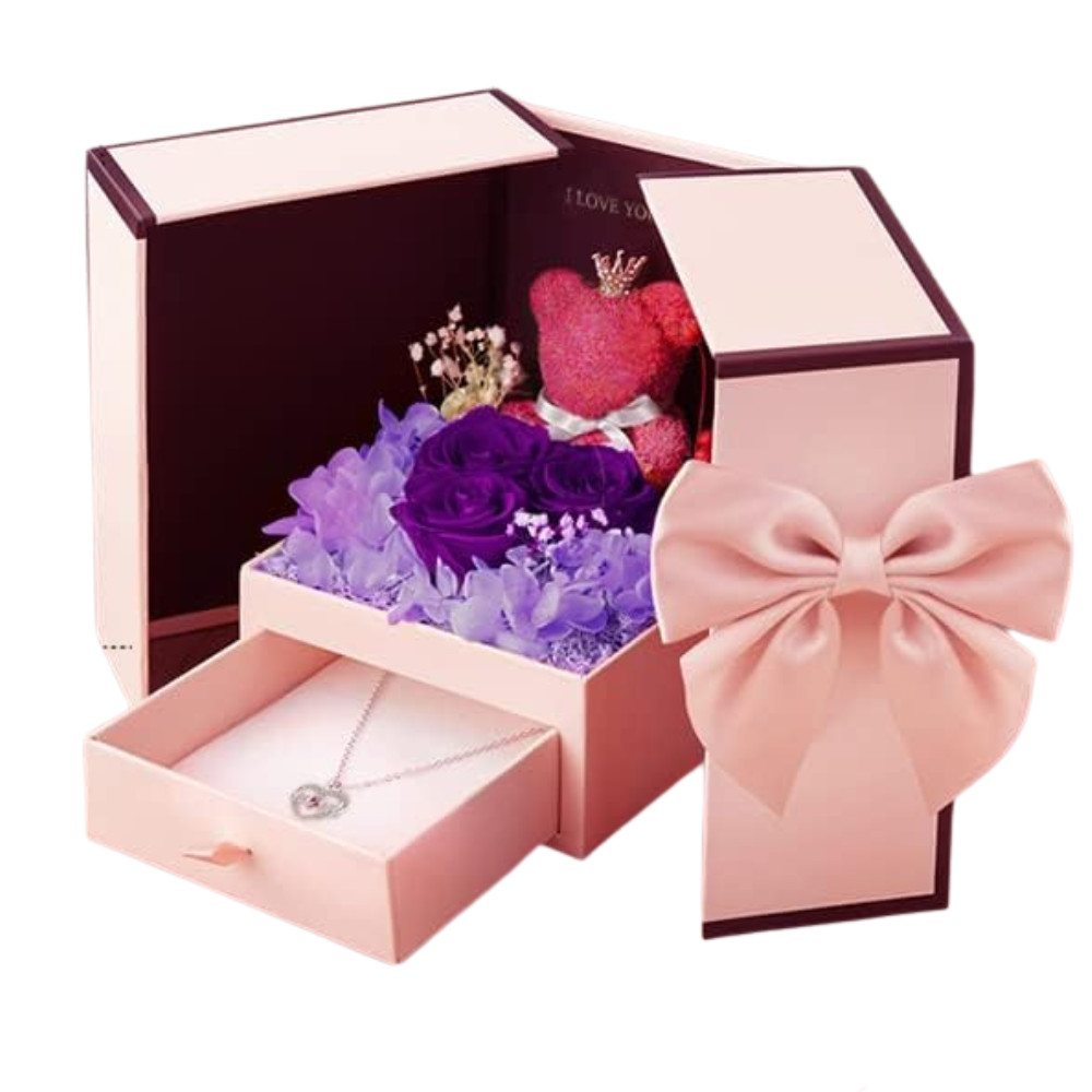NEW I Love You Gifts for Mom Preserved Flowers Rose Bear Heart Necklace