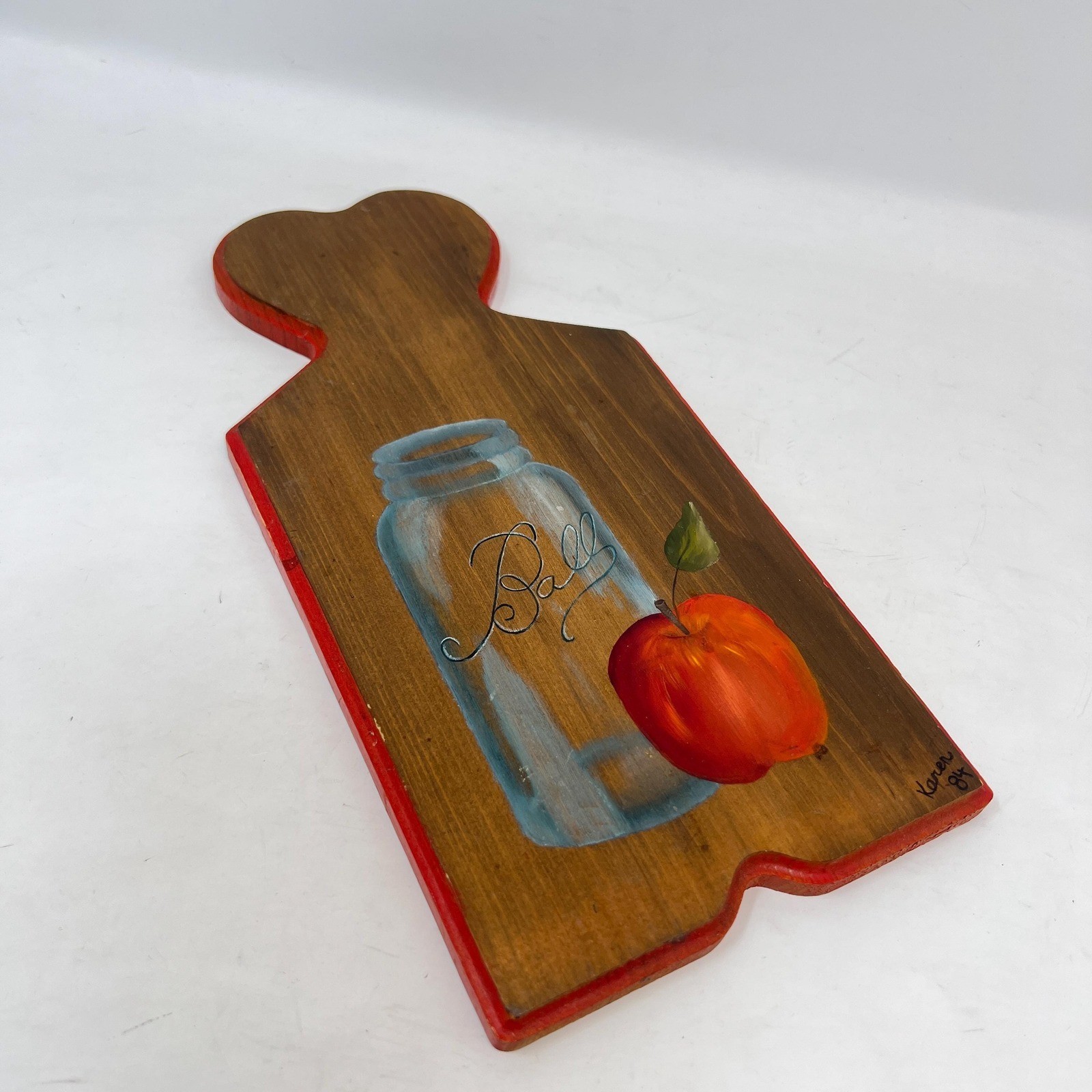 Vintage Painted Wooden Cutting Board Apple Ball Jar Wall Decor 11.5″ Signed