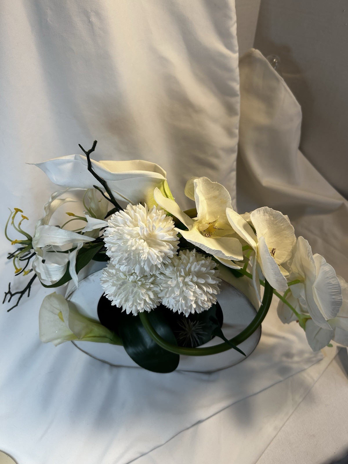 White Silk Floral Arrangement, Centerpiece contemporary Asian Zen Orchids, Lilly