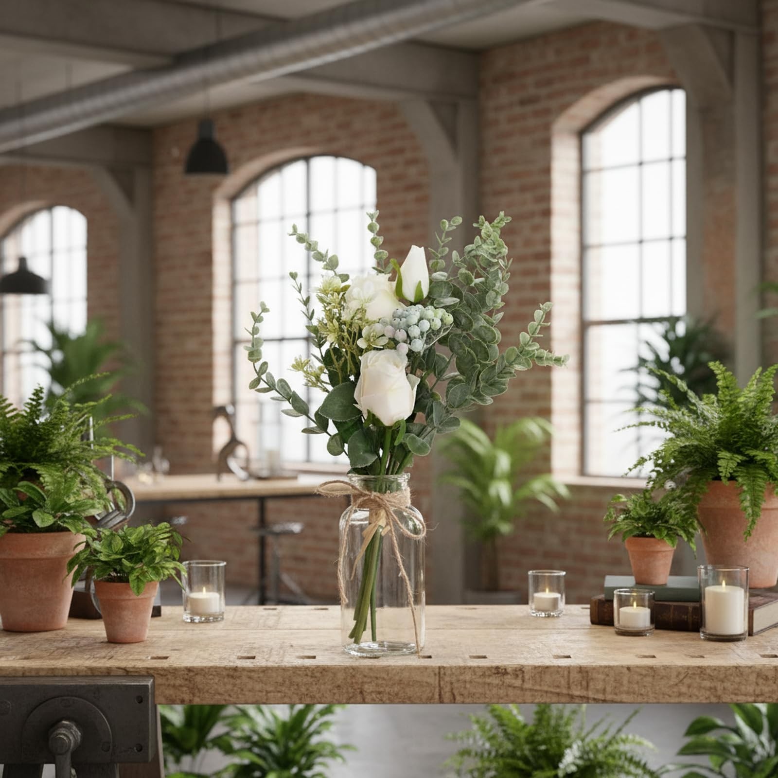 Artificial White Rose Flowers with Glass Vase, Faux Eucalyptus Stems and Bouq…