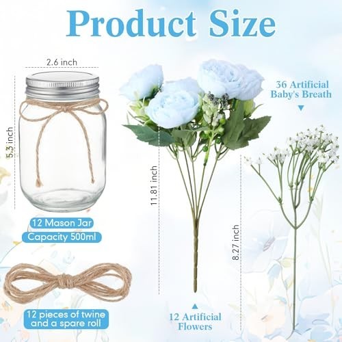 12 Sets Mason Jar Centerpiece Decor, Faux Peony & Baby’s Breath Bouquets, Rustic