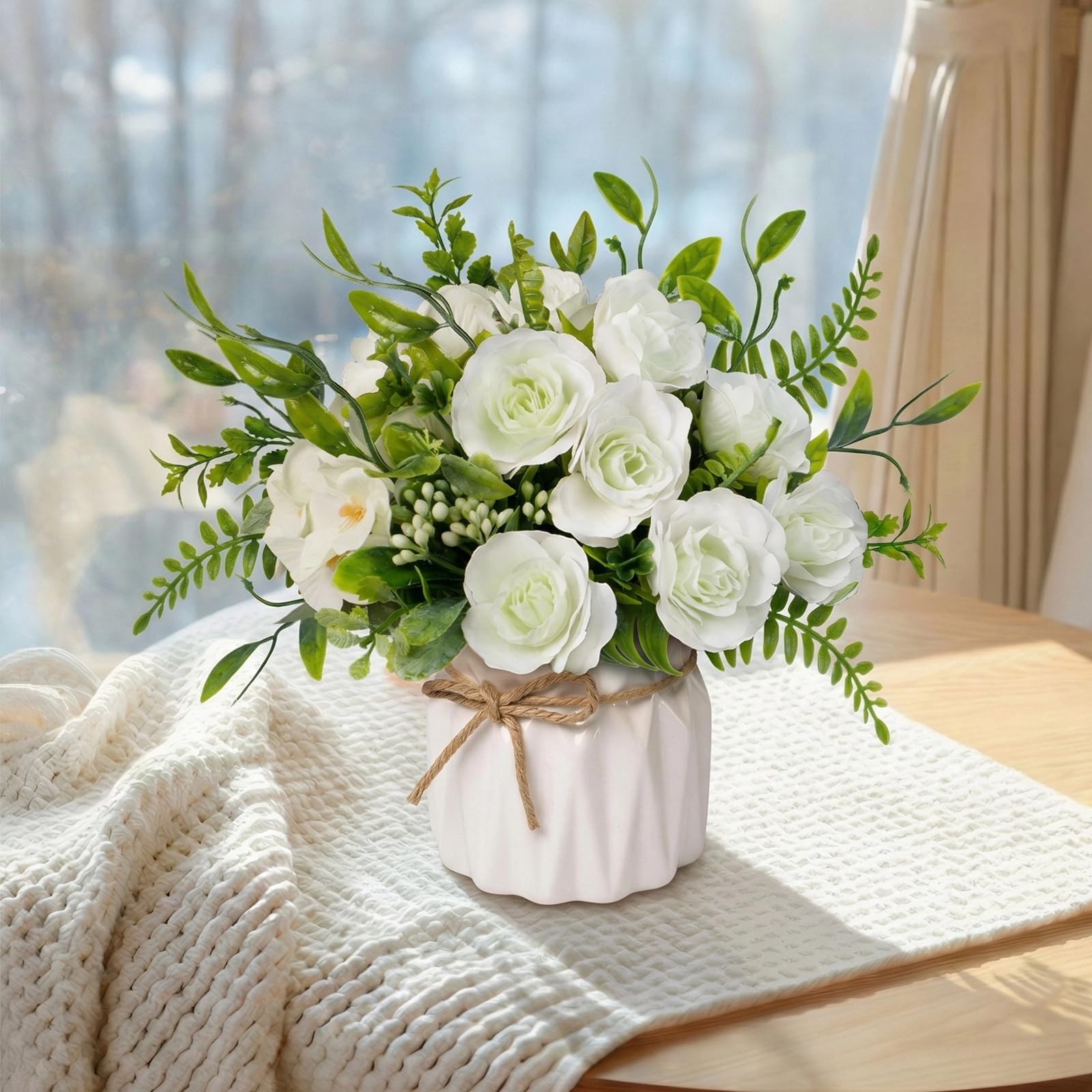 White Artificial Silk Roses with Ceramic Vase, No Maintenance Faux Flower Arr…