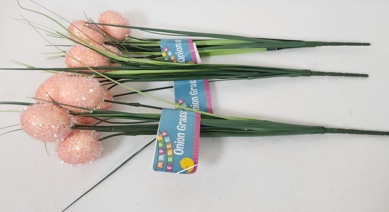 Set of 3 Faux Floral Pick~Onion Grass+Peach Glittery Easter Eggs SPRING DECOR