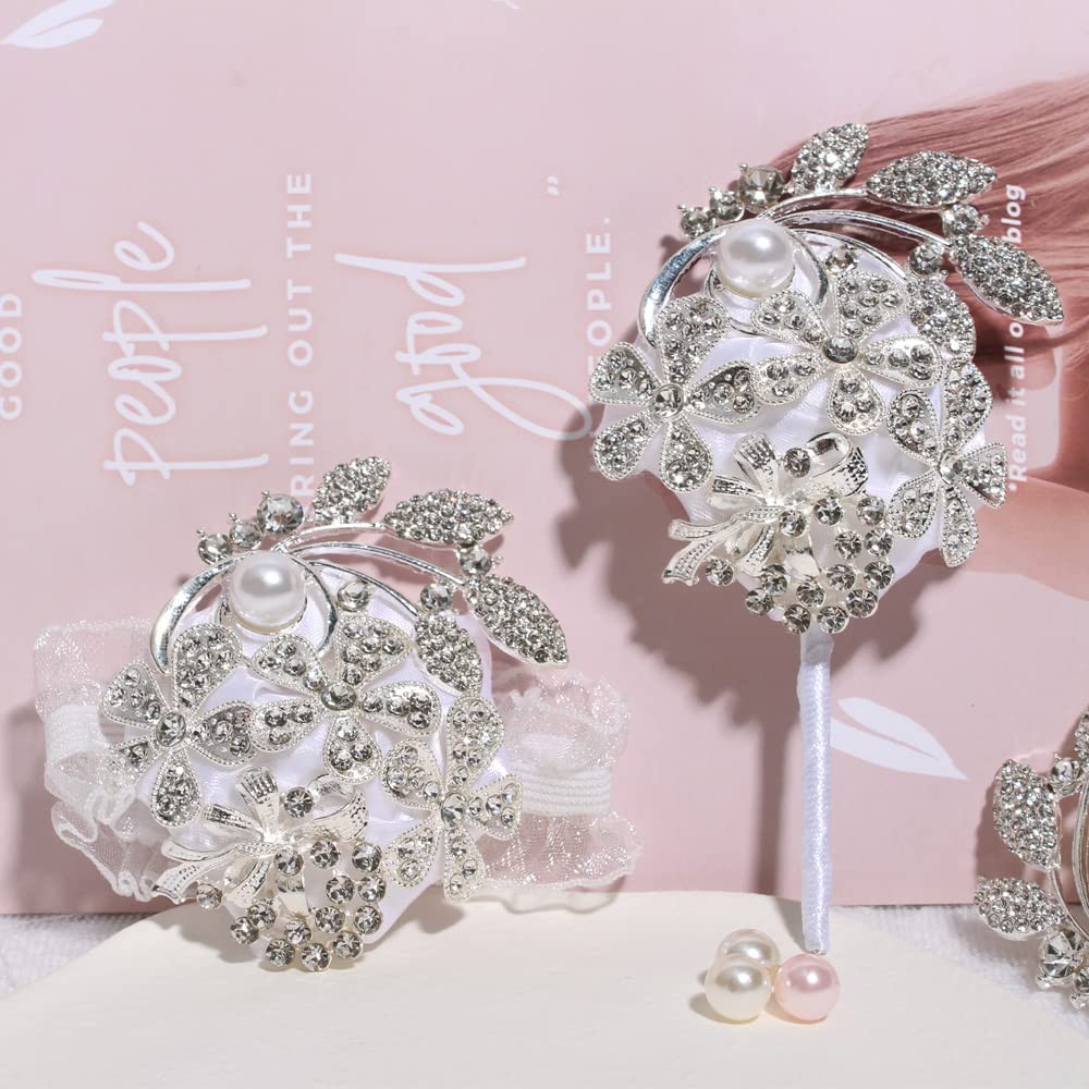 Wrist Corsage Pearl Rhinestone Boutonniere Set Wedding Prom Silver White