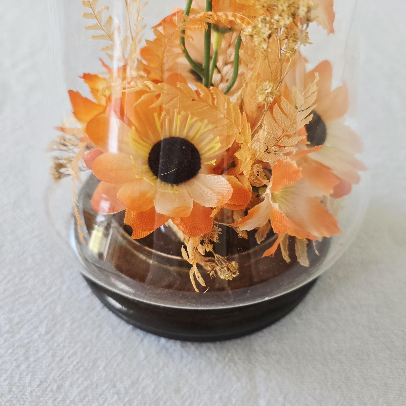 Vintage Kmart Orange Faux Floral Arrangement Glass Cloche, Bell Jar Dome on