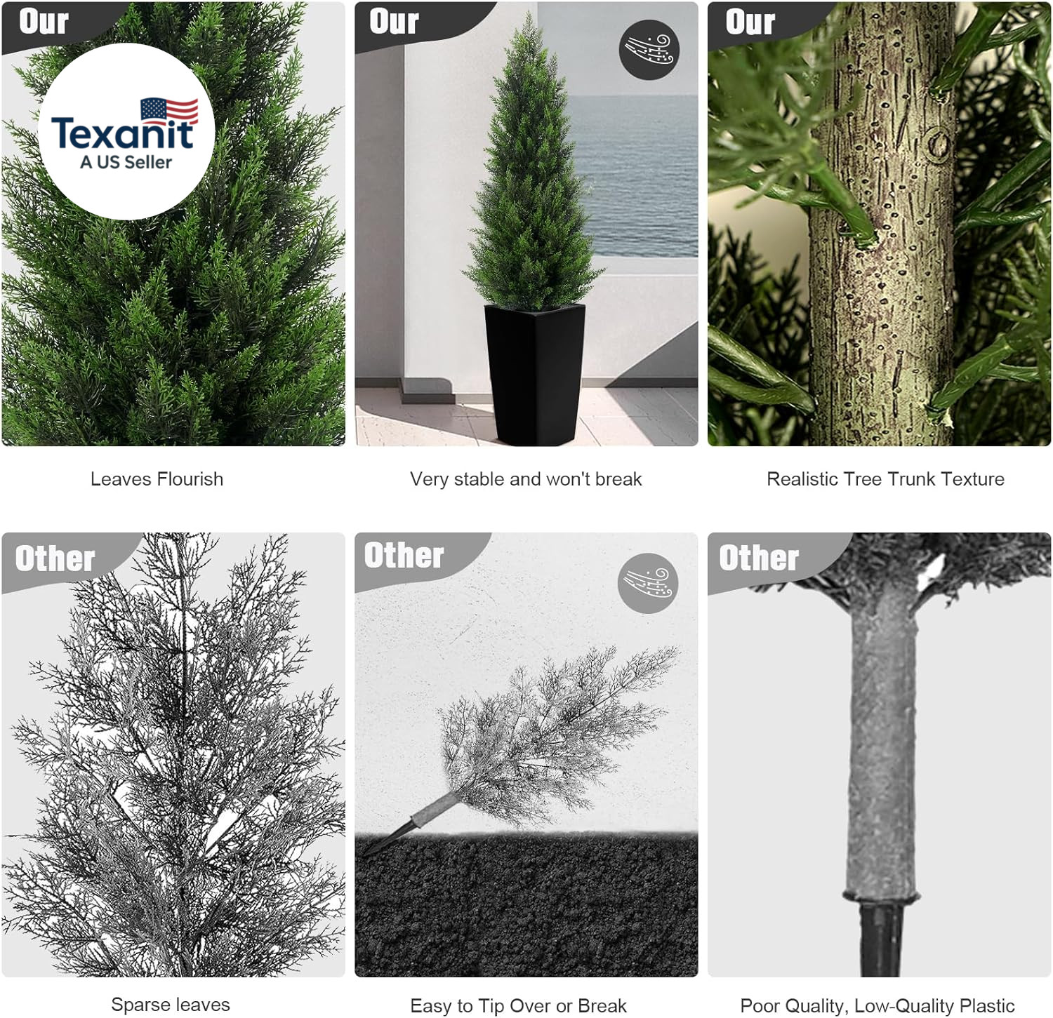 5FT Tall 2 Pack Artificial Cedar Topiary Trees with Compact Pyramidal Shape, Rea