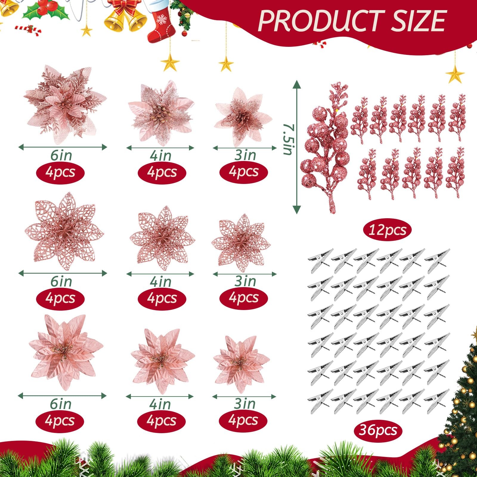 Rose Gold Christmas Glitter Poinsettia Flowers 48 PCS with Clips Berries