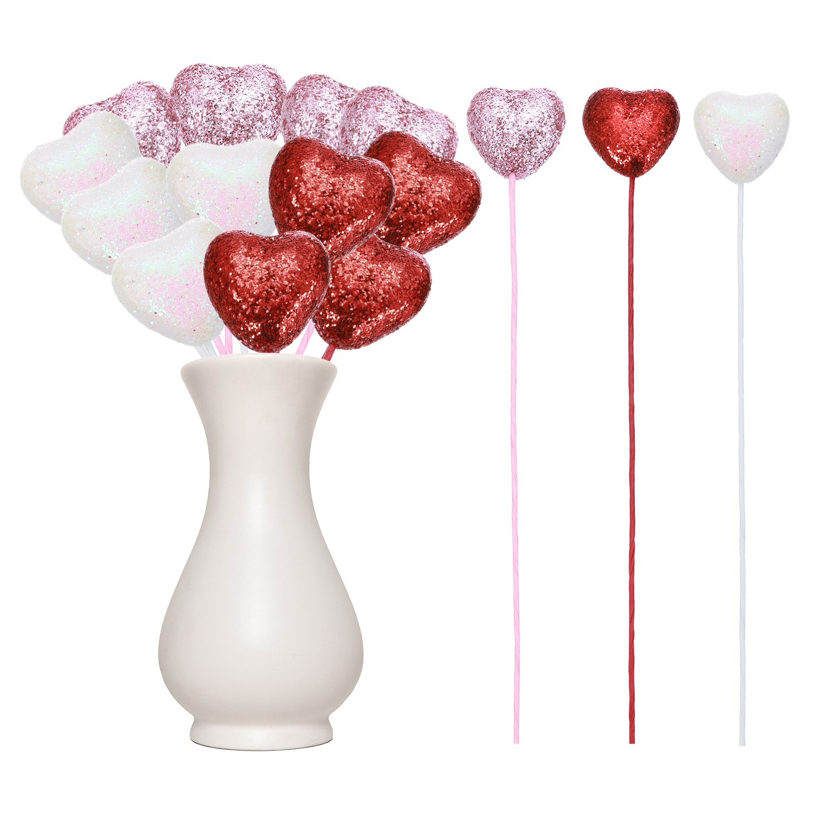 12 Pcs Glitter Heart Shaped Picks Foam Hearts Stick (Red/Pink/White, 3cm x 21cm)