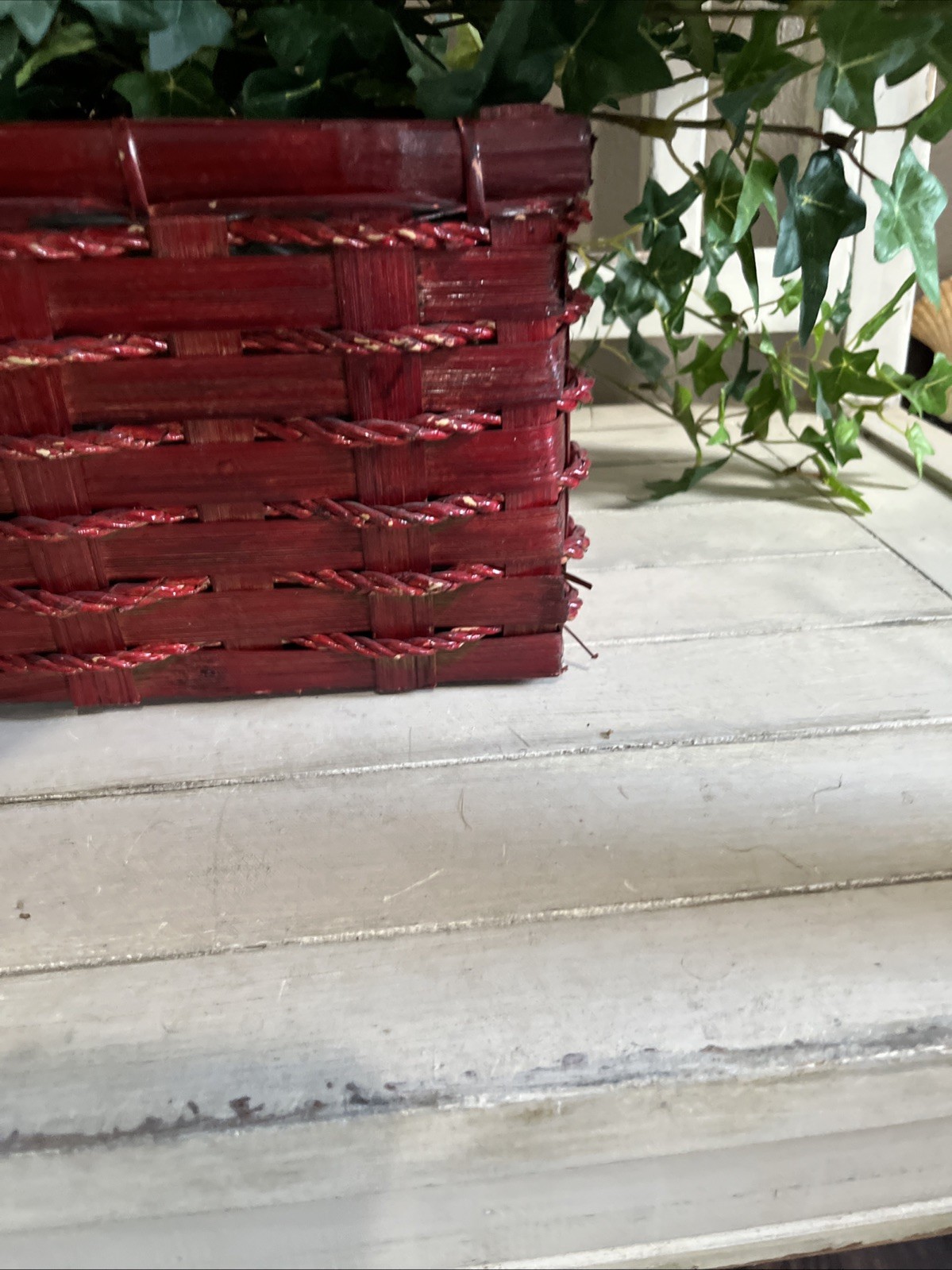 Faux Ivy In Red Wicker Basket 19”W x6 1/2”Dx6 3/8”H W/ Plant 19”H x58”W Used