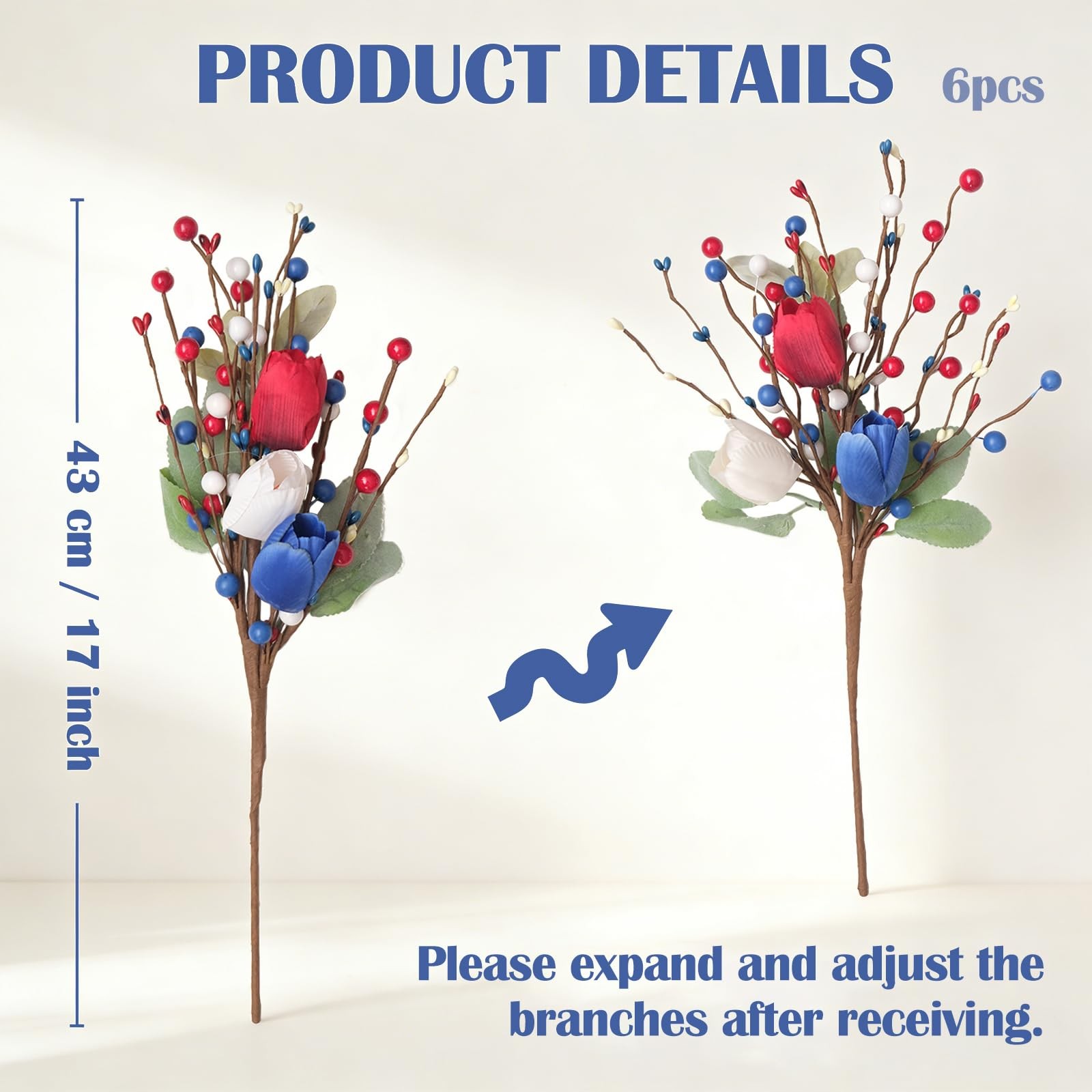 6 Pcs Patriotic Floral Stems with Sage Lamb’s Ear, Red White Blue Berries & T…