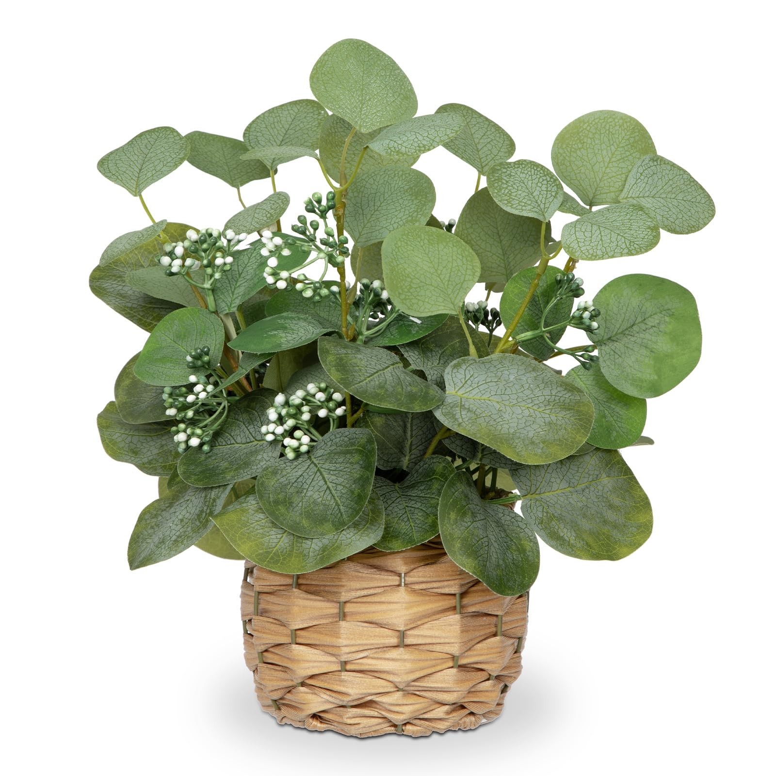 Artificial Eucalyptus Stems in Woven Basket Planter, 12″ Fake Plant Eucalyptu…