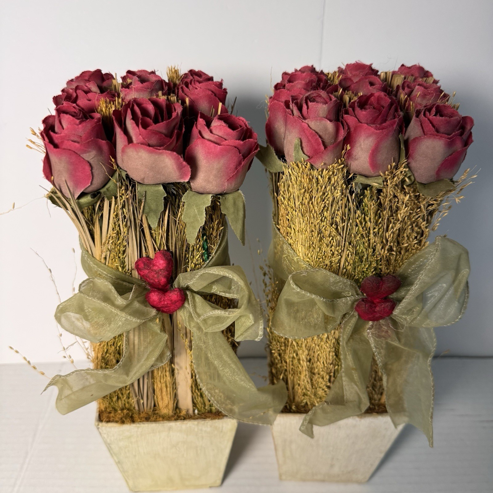 Decorative Pair Of Rose Bud Bundles With Greenery And Wood Box Containers